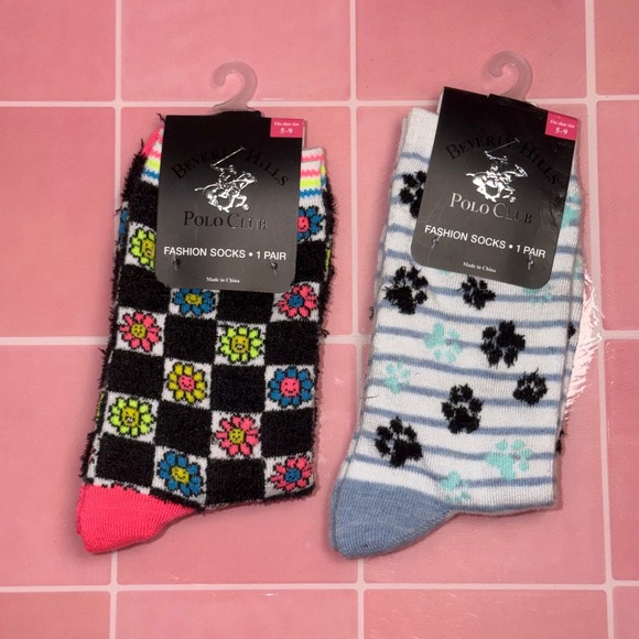 Beverly Hills Polo Club Accessories - Beverly Hills Polo Club 2Pk Fashion Socks Checkerboard Floral & Paw Print 5-9